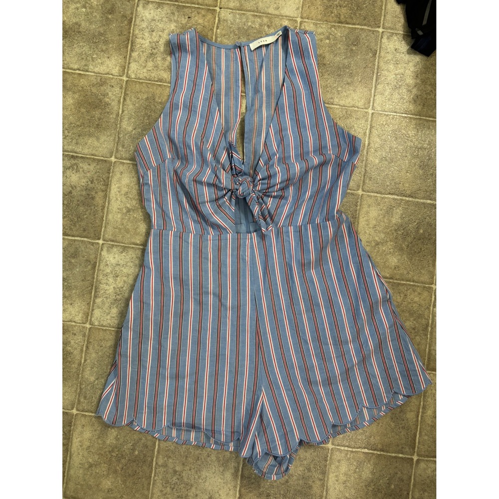 Lush Blue Red White Striped Scalloped Hem Tie Front Romper‎ Medium